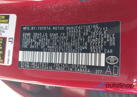 2012 Toyota Corolla S/Le z USA, uszkodzony, nr VIN 2T1BU4EE1CC908427